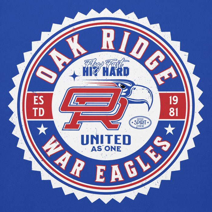 Close-up view of Oak Ridge High School War Eagles Royal Blue Premium Unisex Hoodie 203