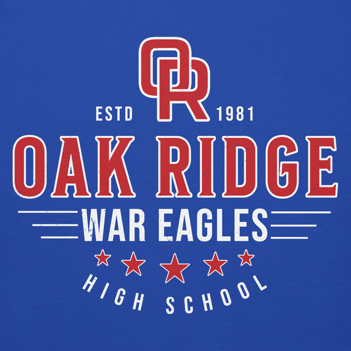 Close-up view of Oak Ridge High School War Eagles Royal Blue Premium Unisex Hoodie 217