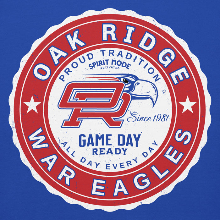 Close-up vie wof Oak Ridge High School War Eagles Royal Blue Premium Unisex Hoodie 216