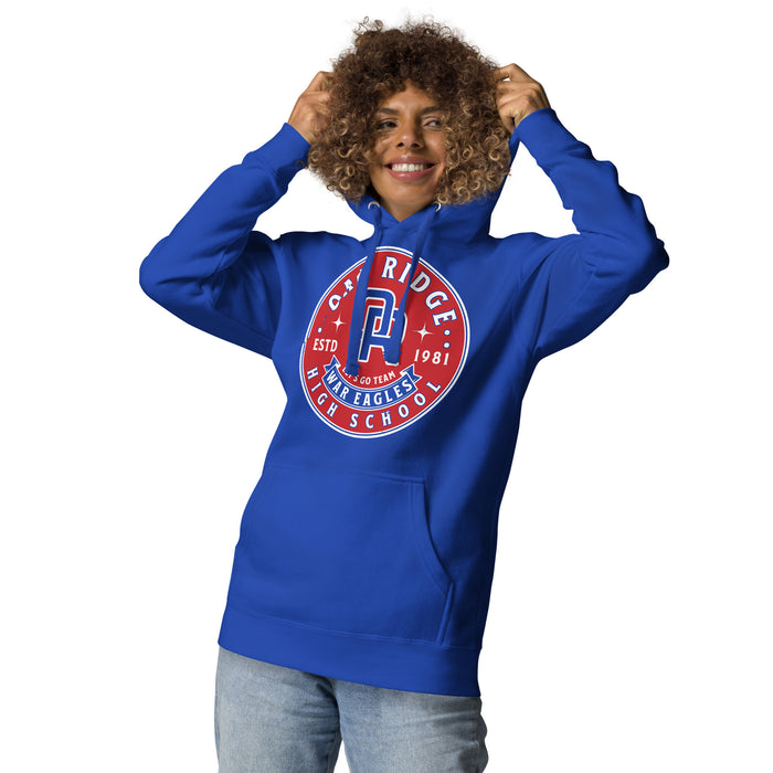 Woman wearing Oak Ridge High School War Eagles Royal Blue Premium Unisex Hoodie 215