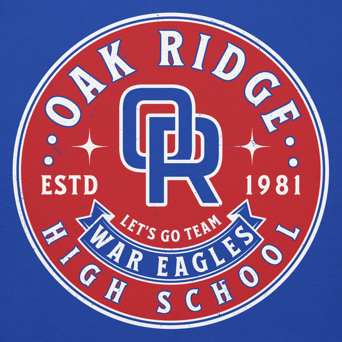 Close-up view of Oak Ridge High School War Eagles Royal Blue Premium Unisex Hoodie 215