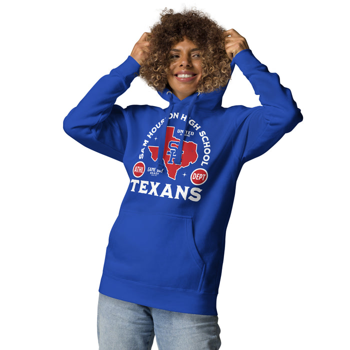Woman wearing Sam Houston High School Texans Royal Blue Premium Unisex Hoodie 208