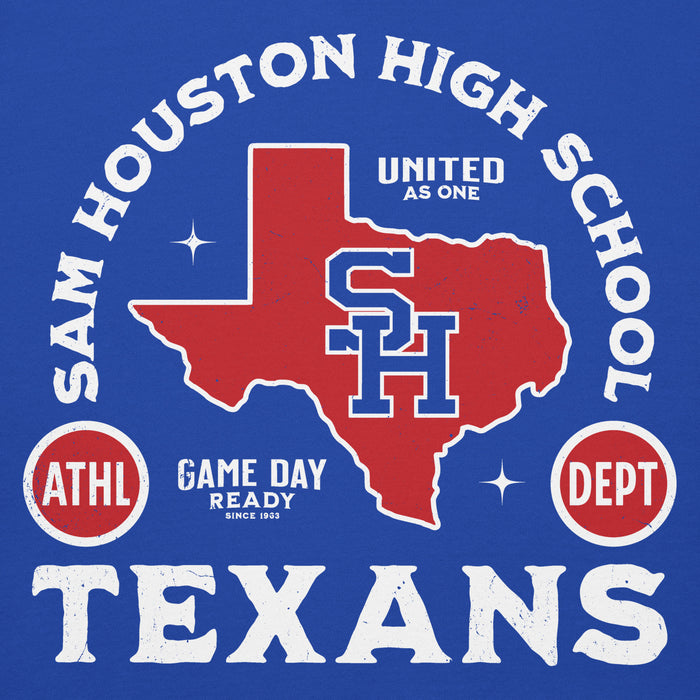 A blue graphic design featuring a red outline of Texas with blue and white 'SH' lettering in the center, surrounded by white text reading 'SAM HOUSTON HIGH SCHOOL' and 'TEXANS,' plus smaller red and white circular elements. Sam Houston High School Texans Royal Blue Premium Unisex Hoodie 208