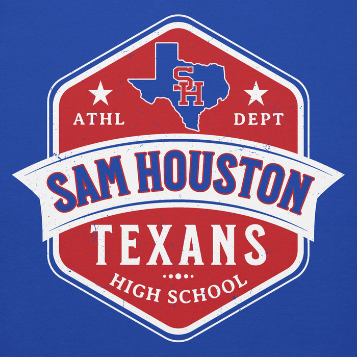 A red, white, and blue shield-style graphic reading 'SAM HOUSTON TEXANS HIGH SCHOOL' with a blue Texas outline and 'SH' monogram, shown on a solid blue background. Sam Houston High School Texans Royal Blue Premium Unisex Hoodie 209