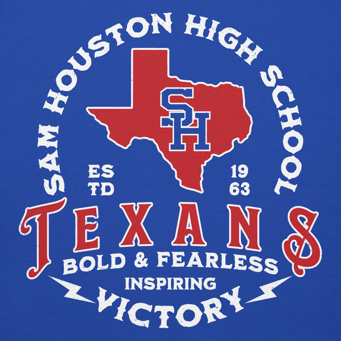 A blue graphic design featuring a red outline of Texas with a blue 'SH' monogram in the center, surrounded by white text reading 'SAM HOUSTON HIGH SCHOOL' and 'TEXAS BOLD & FEARLESS INSPIRING VICTORY'. Sam Houston High School Texans Royal Blue Premium Unisex Hoodie 206