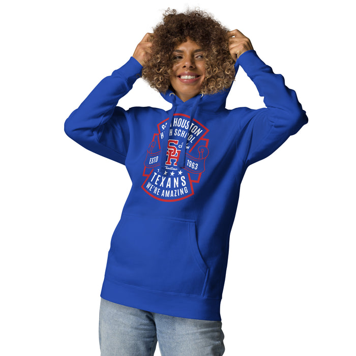 Woman wearing Sam Houston High School Texans Royal Blue Premium Unisex Hoodie 207