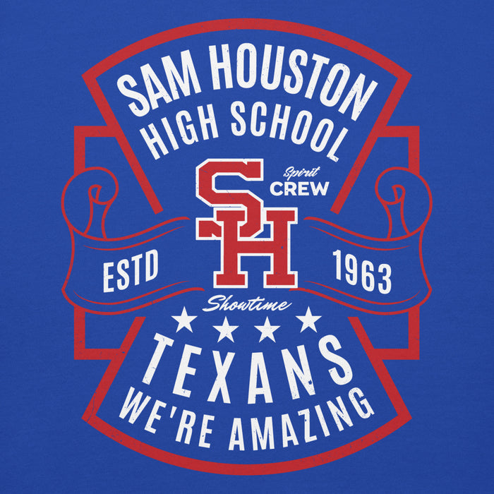 Close-up view of Sam Houston High School Texans Royal Blue Premium Unisex Hoodie 207