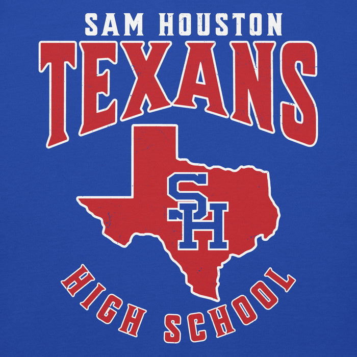 Close-up view of Sam Houston High School Texans Royal Blue Premium Unisex Hoodie 213