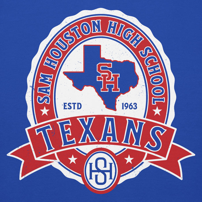 Close-up view of Sam Houston High School Texans Royal Blue Premium Unisex Hoodie 212
