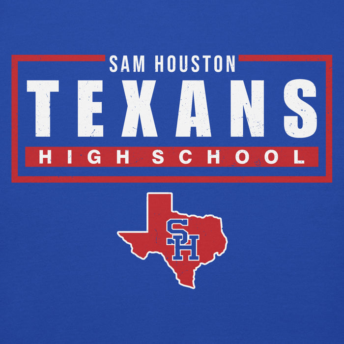 A blue graphic design featuring the text 'SAM HOUSTON TEXANS HIGH SCHOOL' in white and red, with a red outline and a red Texas state silhouette containing 'SH' in blue. Sam Houston High School Texans Royal Blue Premium Unisex Hoodie 049