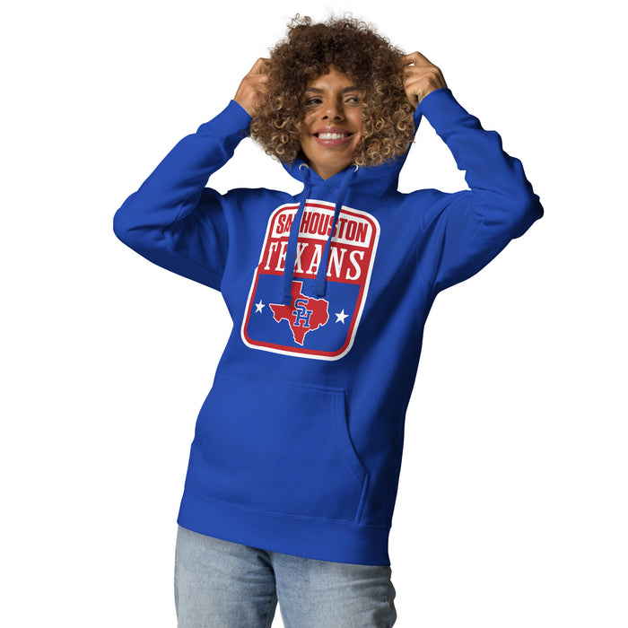 Woman wearing Sam Houston High School Texans Royal Blue Premium Unisex Hoodie 001