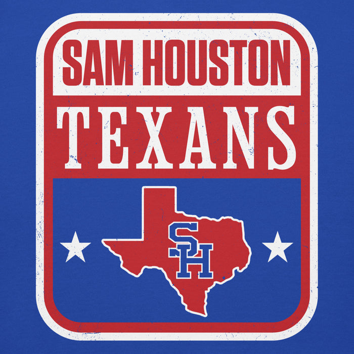 A square graphic design with the words 'SAM HOUSTON TEXANS' in red and white distressed lettering, above a red outline of Texas with 'SH' in blue and white, on a blue background. Sam Houston High School Texans Royal Blue Premium Unisex Hoodie 001