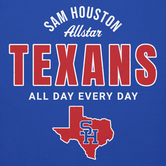 A blue graphic print featuring the text 'SAM HOUSTON Allstar TEXANS ALL DAY EVERY DAY' in white and red, with a red outline of Texas containing the letters 'SH'. Sam Houston High School Texans Royal Blue Premium Unisex Hoodie 040