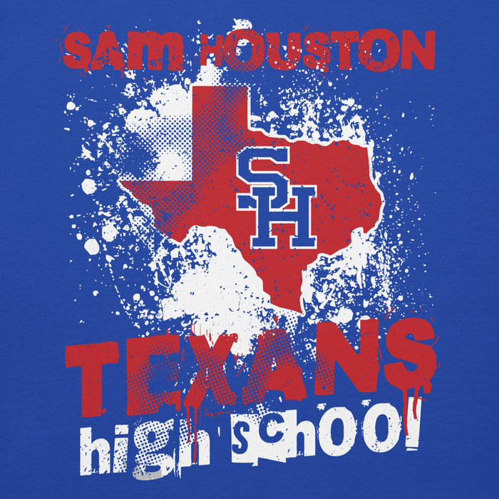 Close-up view of Sam Houston High School Texans Royal Blue Premium Unisex Hoodie 205