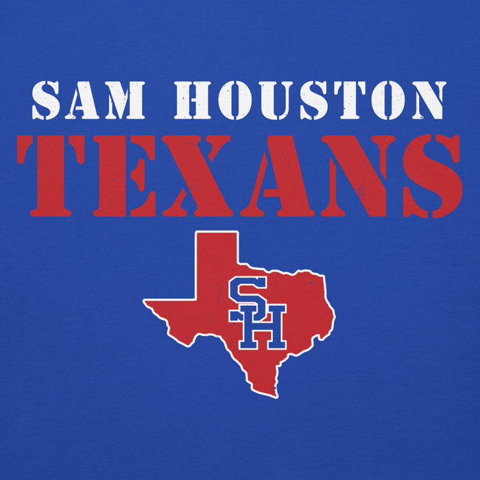 A blue graphic print featuring the text 'SAM HOUSTON TEXANS' in white and red, with a red outline of Texas containing the letters 'SH' in blue at the center. Sam Houston High School Texans Royal Blue Premium Unisex Hoodie 017