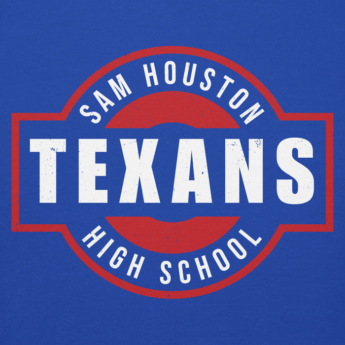 Close-up view of Sam Houston High School Texans Royal Blue Premium Unisex Hoodie 011
