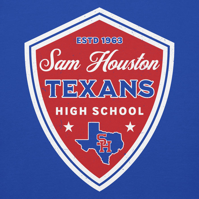 Close-up view of Sam Houston High School Texans Royal Blue Premium Unisex Hoodie 225