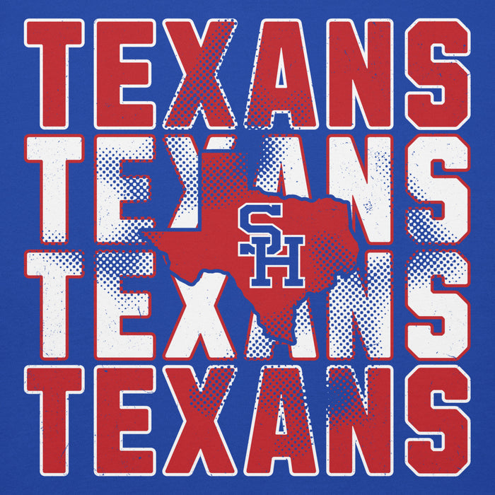 Close-up view of Sam Houston High School Texans Royal Blue Premium Unisex Hoodie 233
