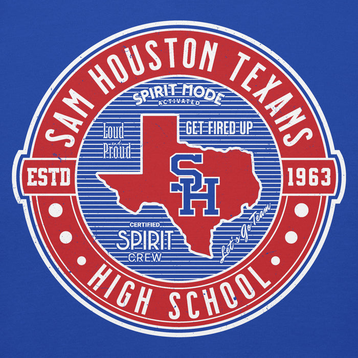 A circular red, white, and blue graphic on a blue background reading 'SAM HOUSTON TEXANS' with 'HIGH SCHOOL' at the bottom, 'ESTD 1963' on the side, and 'SPIRIT MODE ACTIVATED' at the top. A red Texas state outline with blue 'SH' initials is centered inside the circle. Sam Houston High School Texans Royal Blue Premium Unisex Hoodie 224