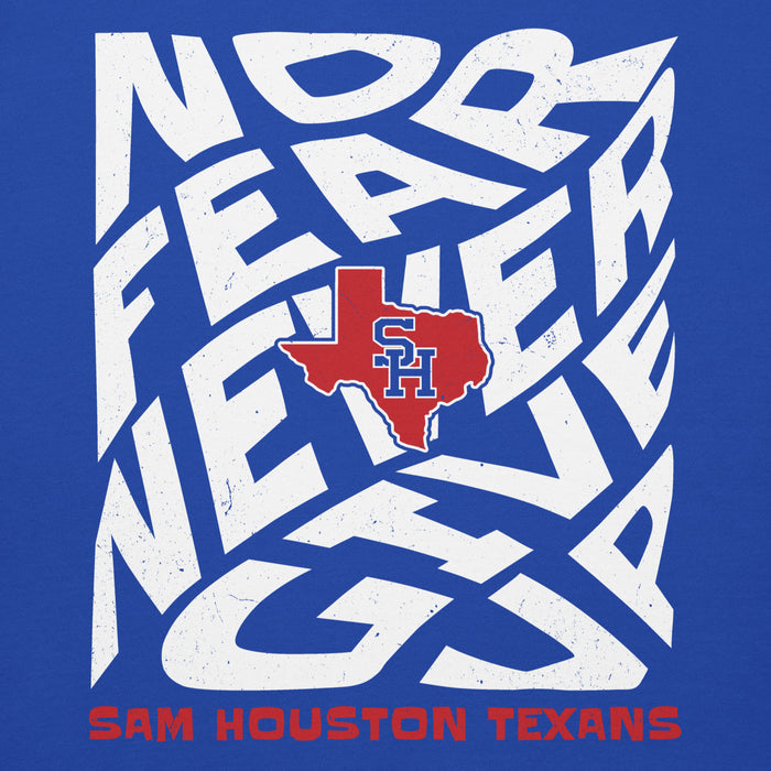 A blue graphic print featuring the words 'No Fear Never Give Up' in large white distressed letters, with a red Texas-shaped emblem containing 'SH' in the center and 'Sam Houston Texans' in red text at the bottom. Sam Houston High School Texans Royal Blue Premium Unisex Hoodie 236