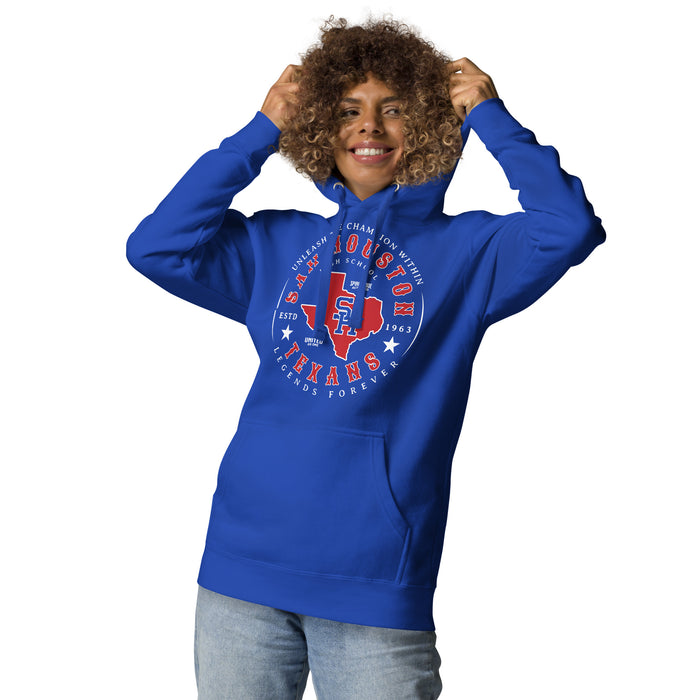 Woman wearing Sam Houston High School Texans Royal Blue Premium Unisex Hoodie 214