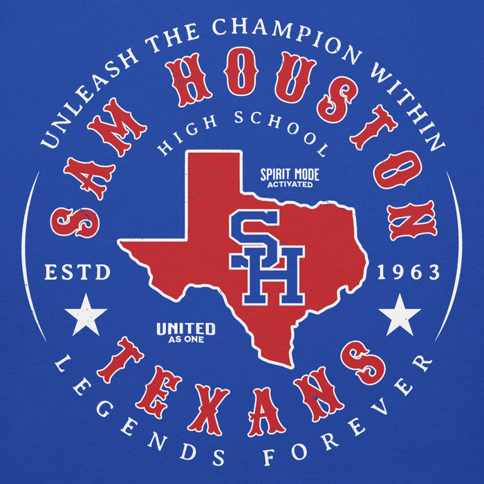 A circular graphic design on a blue background featuring the words 'SAM HOUSTON HIGH SCHOOL' in red and white, a red outline of Texas with a blue 'SH' monogram in the center, and additional text including 'UNLEASH THE CHAMPION WITHIN', 'LEGENDS FOREVER', 'ESTD 1963', and 'UNITED AS ONE'. Sam Houston High School Texans Royal Blue Premium Unisex Hoodie 214