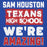 A graphic design with the text 'SAM HOUSTON TEXANS HIGH SCHOOL WE'RE AMAZING!' in distressed white and red lettering on a solid blue background. Sam Houston High School Texans Royal Blue Premium Unisex Hoodie 231