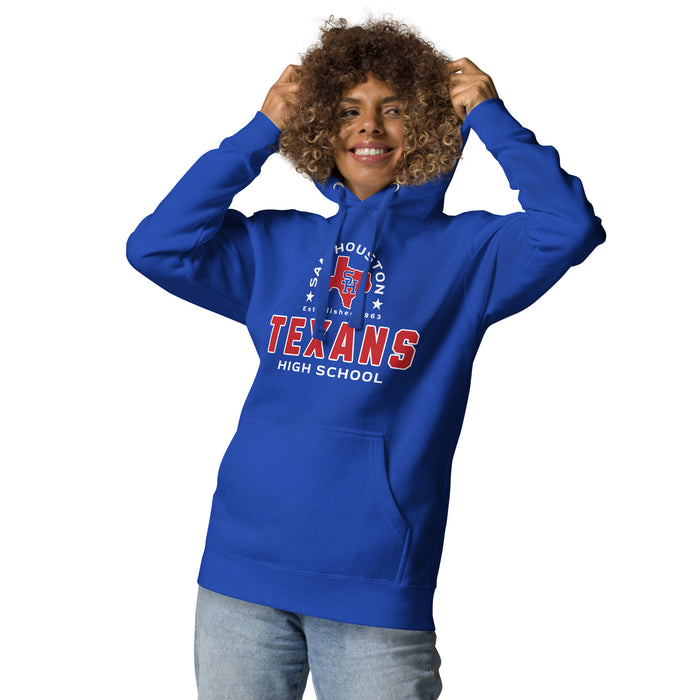 Woman wearing Sam Houston High School Texans Royal Blue Premium Unisex Hoodie 222