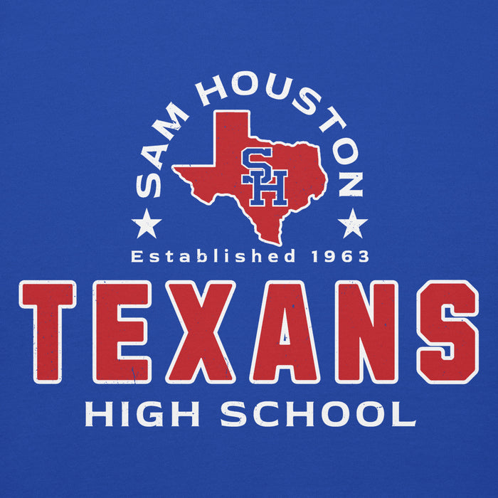 Close-up view of Sam Houston High School Texans Royal Blue Premium Unisex Hoodie 222