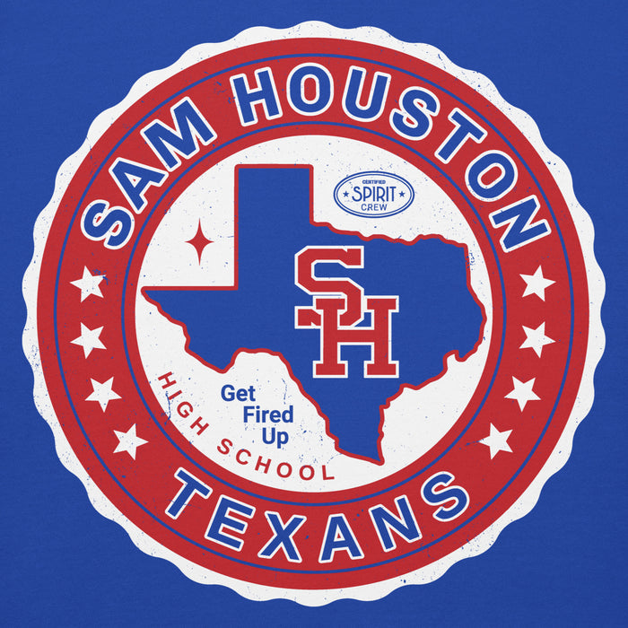 Close-up view of Sam Houston High School Texans Royal Blue Premium Unisex Hoodie 216
