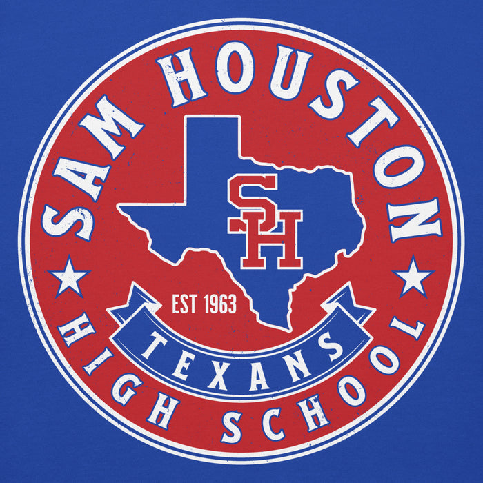 A circular red, white, and blue graphic reading 'SAM HOUSTON TEXANS HIGH SCHOOL' with a blue outline of Texas and 'SH' in the center, shown on a solid blue background. Sam Houston High School Texans Royal Blue Premium Unisex Hoodie 215