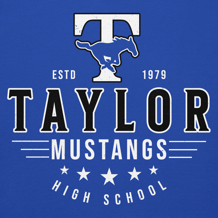 Close-up view of Taylor High School Mustangs Royal Blue Premium Unisex Hoodie 217