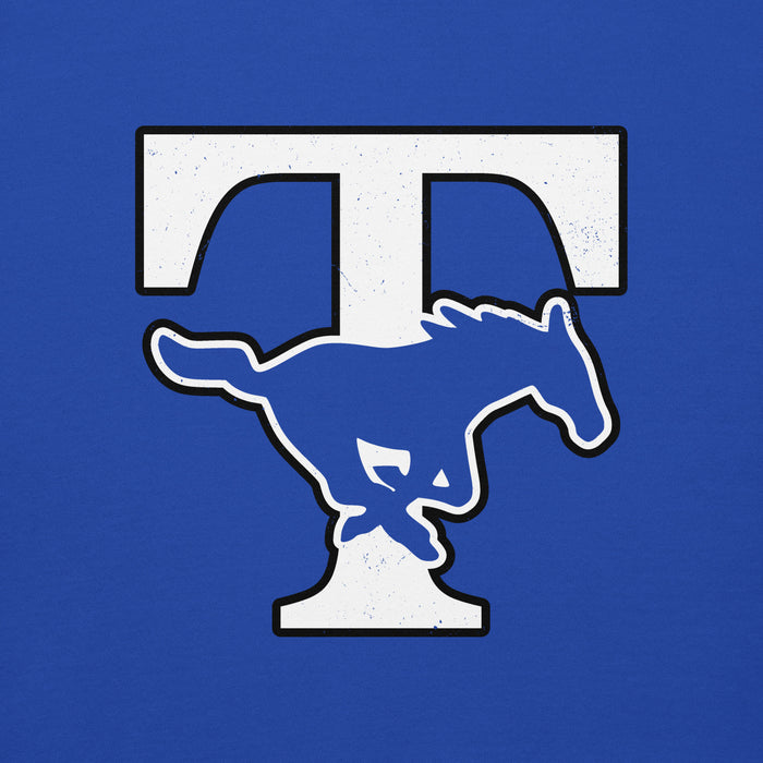 Close-up view of Taylor High School Mustangs Royal Blue Premium Unisex Hoodie 200