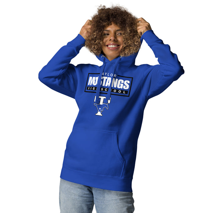 Woman wearing Taylor High School Mustangs Royal Blue Premium Unisex Hoodie 049