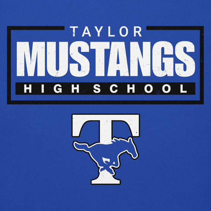 Close-up view of Taylor High School Mustangs Royal Blue Premium Unisex Hoodie 049
