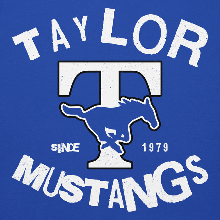 Close-up view of Taylor High School Mustangs Royal Blue Premium Unisex Hoodie 228