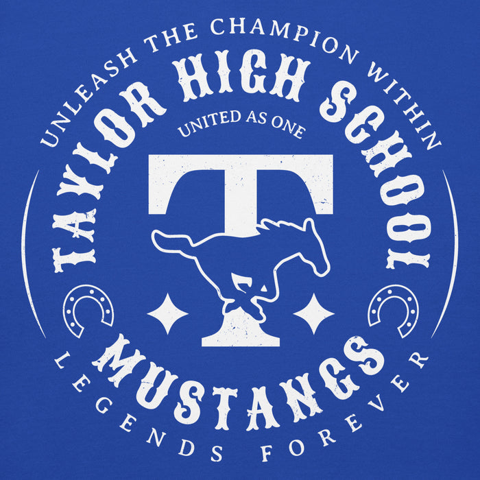 Close-up view of Taylor High School Mustangs Royal Blue Premium Unisex Hoodie 214