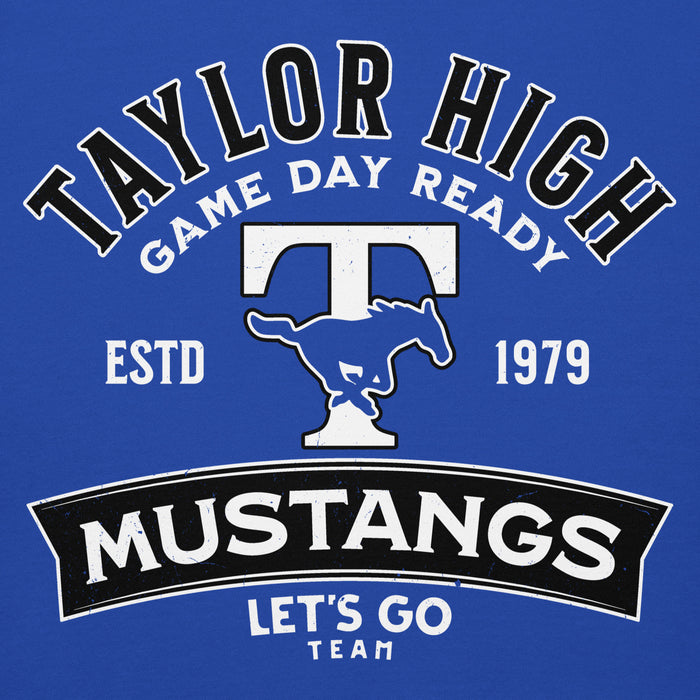 Close-up view of Taylor High School Mustangs Royal Blue Premium Unisex Hoodie 221