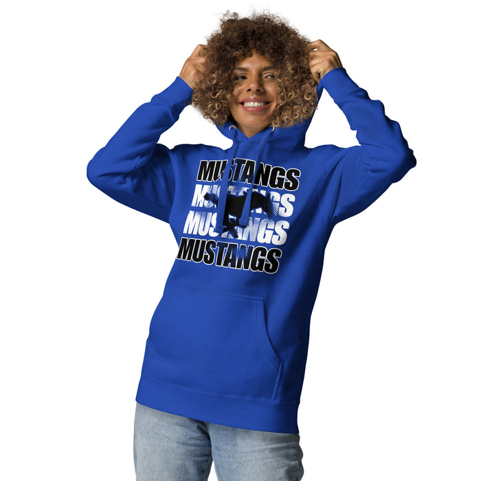 Woman wearing Taylor High School Mustangs Royal Blue Premium Unisex Hoodie 233