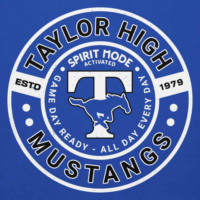 Close-up view of Taylor High School Mustangs Royal Blue Premium Unisex Hoodie 239