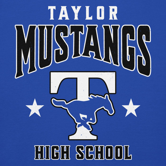 Close-up view of Taylor High School Mustangs Royal Blue Premium Unisex Hoodie 213