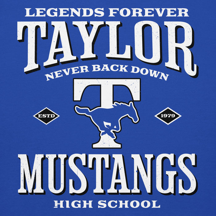 Close-up view of Taylor High School Mustangs Royal Blue Premium Unisex Hoodie 230