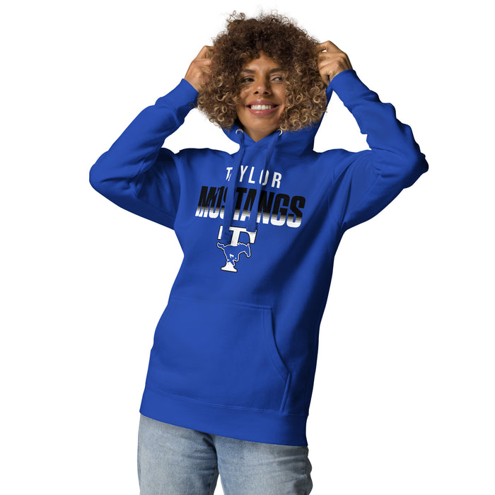 Woman wearing Taylor High School Mustangs Royal Blue Premium Unisex Hoodie 024