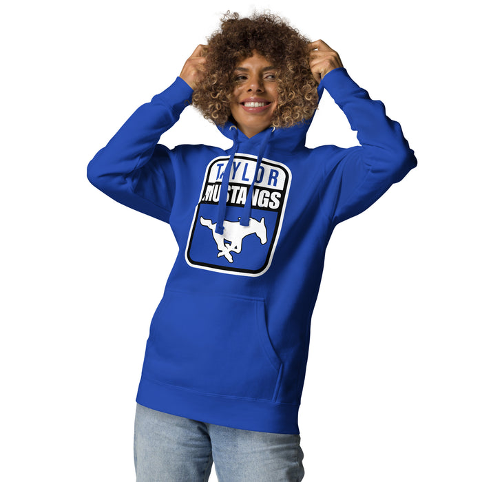 Woman wearing Taylor High School Mustangs Royal Blue Premium Unisex Hoodie 001