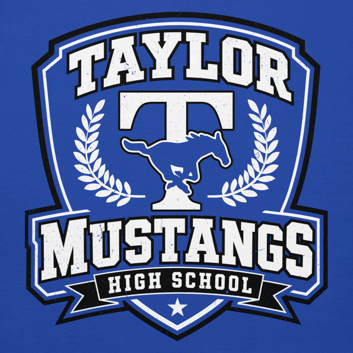 Close-up view of Taylor High School Mustangs Royal Blue Premium Unisex Hoodie 020