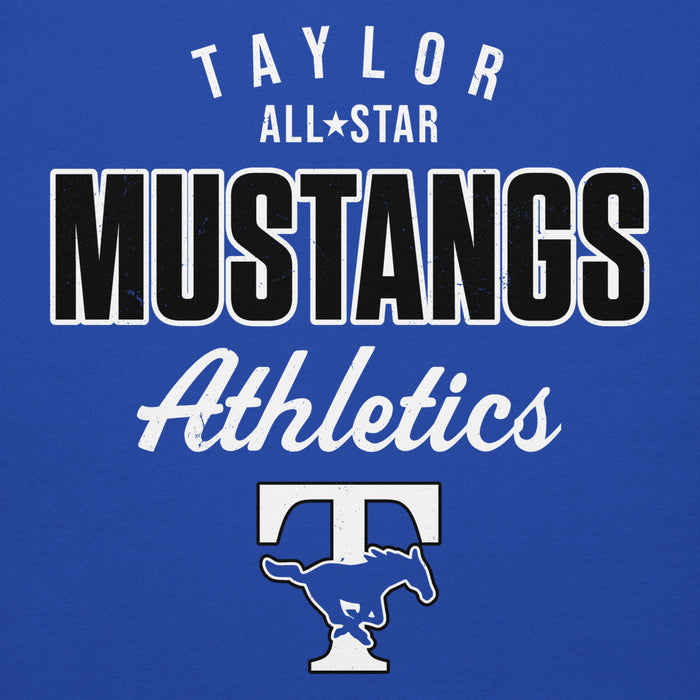 Close-up view of Taylor High School Mustangs Royal Blue Premium Unisex Hoodie 034