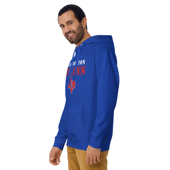 Man wearing Sam Houston High School Texans Royal Blue Premium Unisex Hoodie 017