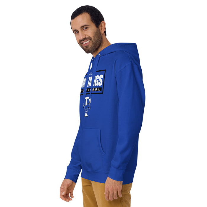 Man wearing Taylor High School Mustangs Royal Blue Premium Unisex Hoodie 049