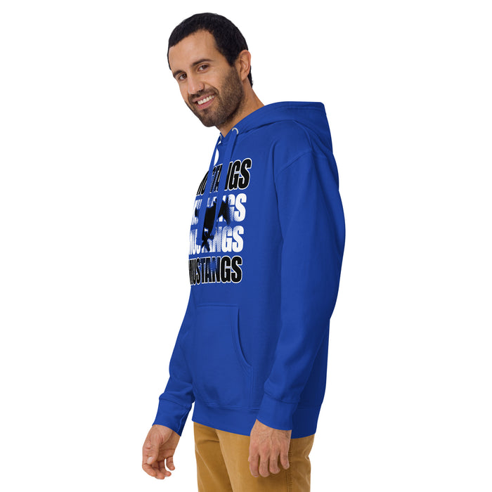 Man wearing Taylor High School Mustangs Royal Blue Premium Unisex Hoodie 233