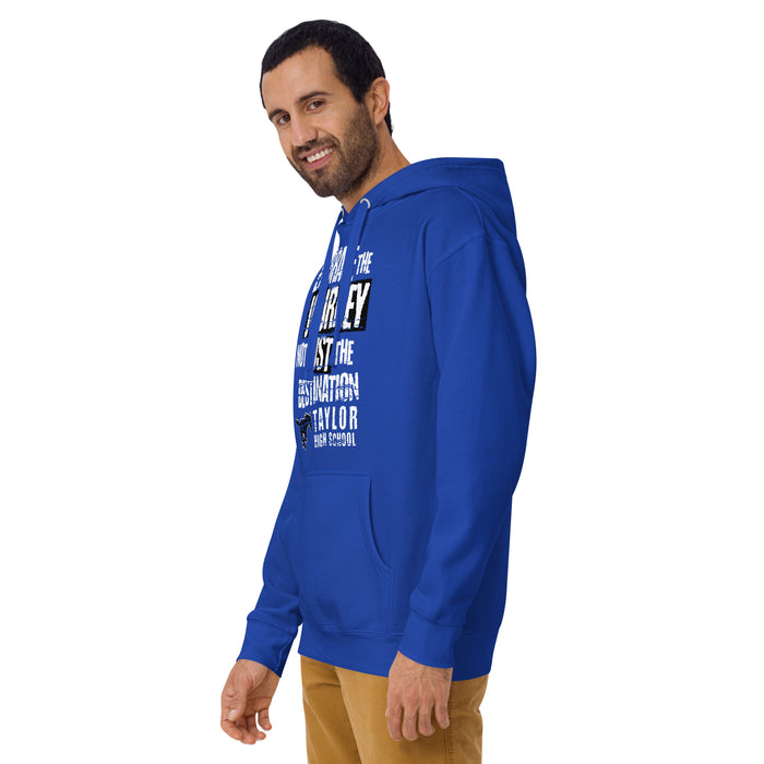 Man wearing Taylor High School Mustangs Royal Blue Premium Unisex Hoodie 232